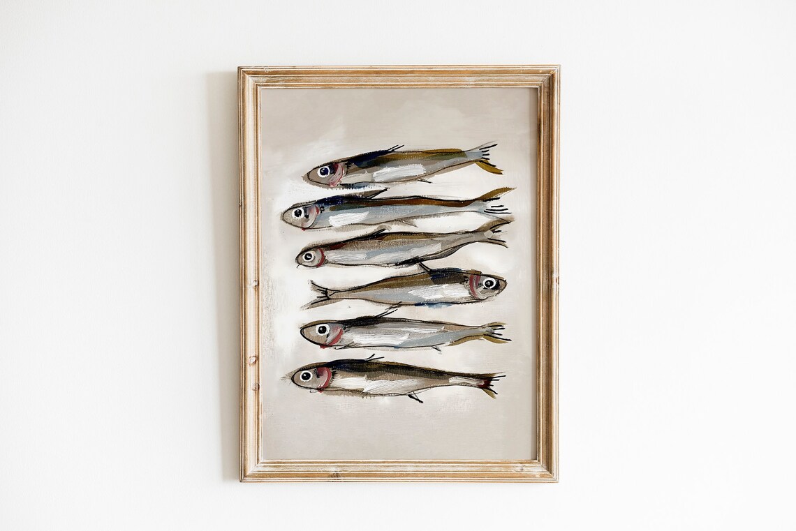 Sardines Oil Painting Still Life, Cottage Core Decor