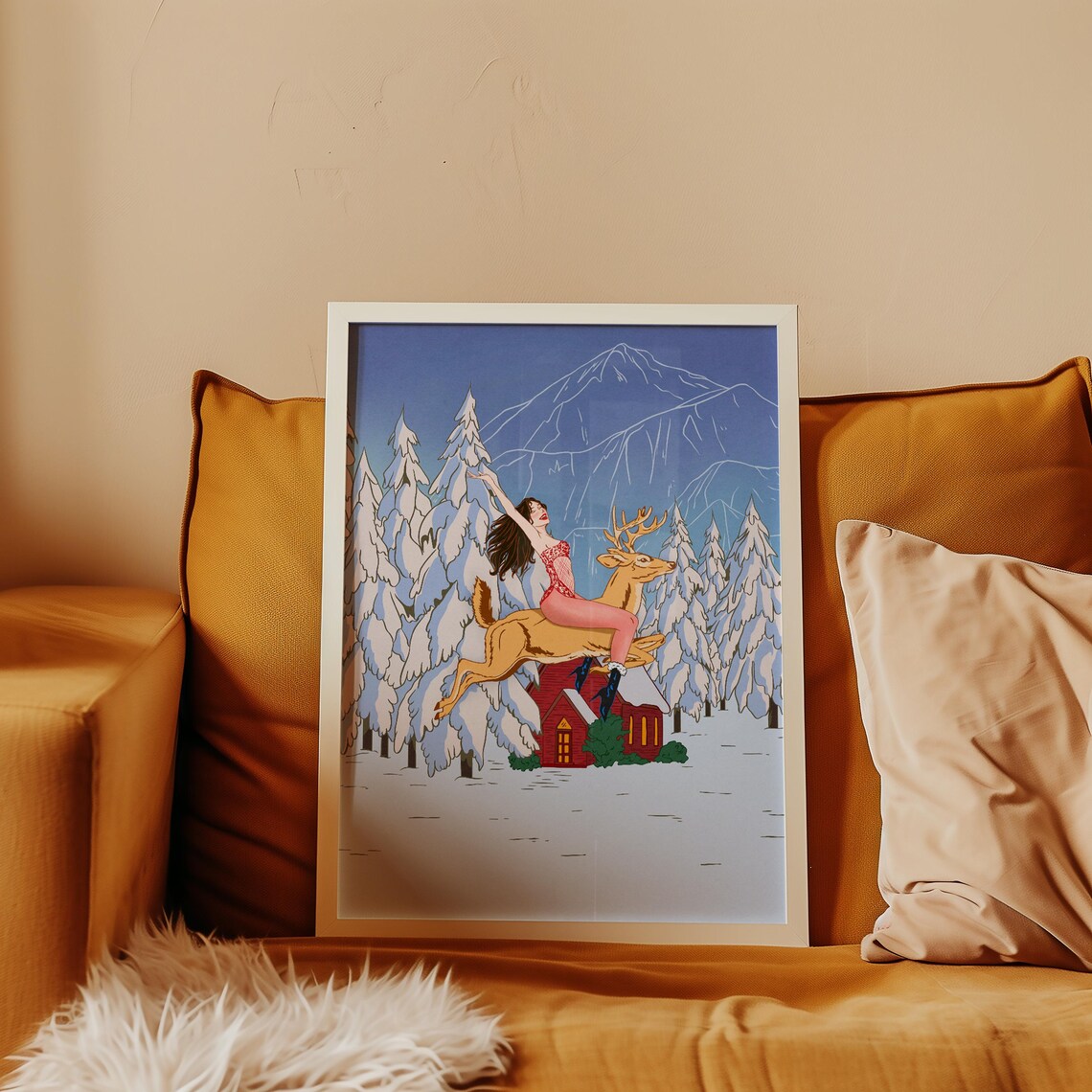 Pin Up Girl Reindeer Ride Snowy Christmas Cabin Holiday Art Poster - Image 3