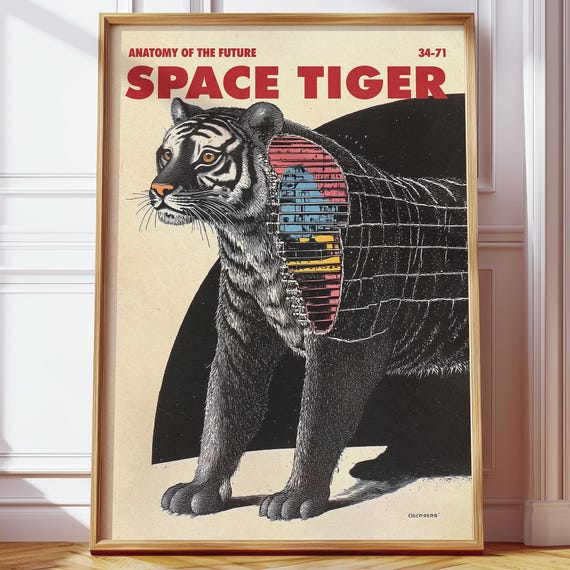 Retro Space Tiger Anatomy Art Unique Modern Sci Fi Poster For Classroom Library Bookstore Home Office Sci Fi Wall Decor
