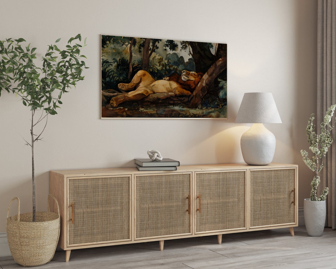 Sleeping Lion with Mane Watercolor Print Jungle Wildlife Resting Art - Image 2
