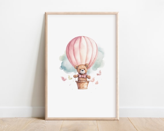 Teddy Bear Hot Air Balloon Ride Watercolor Poster, Nursery Decor