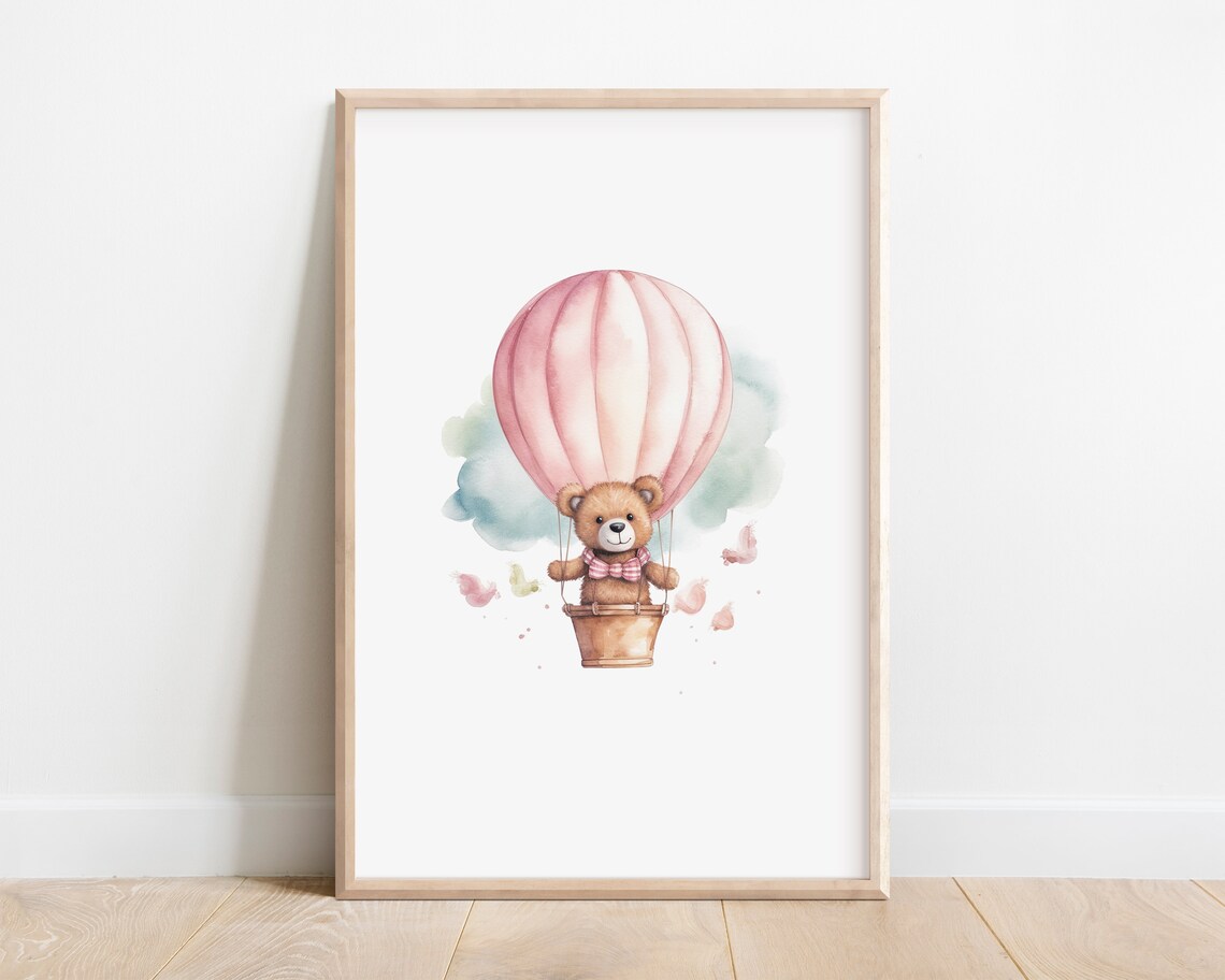 Teddy Bear Hot Air Balloon Ride Watercolor Poster, Nursery Decor