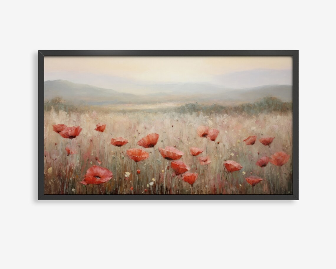 Poppy Field Landscape Art Print, Botanical Floral Decor