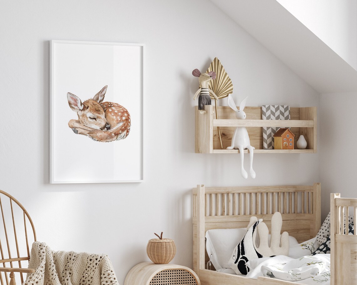 Sleeping Fawn Watercolor Poster, Woodland Nursery Wall Decor - Image 2