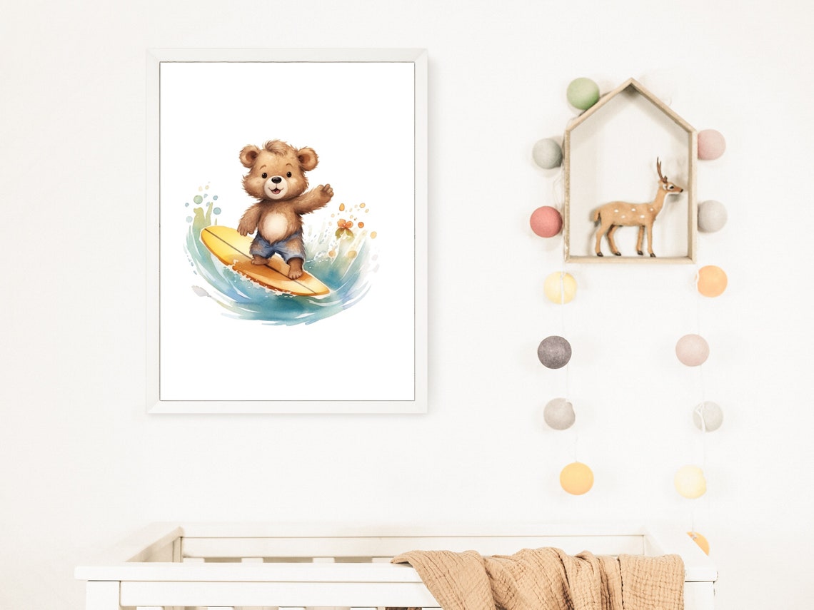 Surf Nursery Wall Art Beach Nursery Print Print Animal Print Surf Nursery Decor Nursery Baby Decor Teddy Bear Print - Image 2