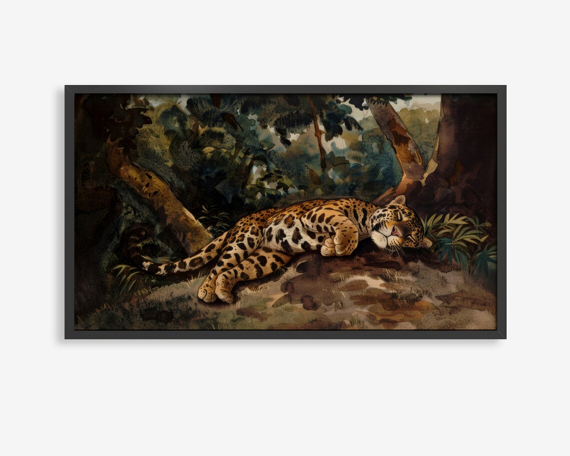 Sleeping Jaguar in Jungle Watercolor Print Spotted Big Cat Art