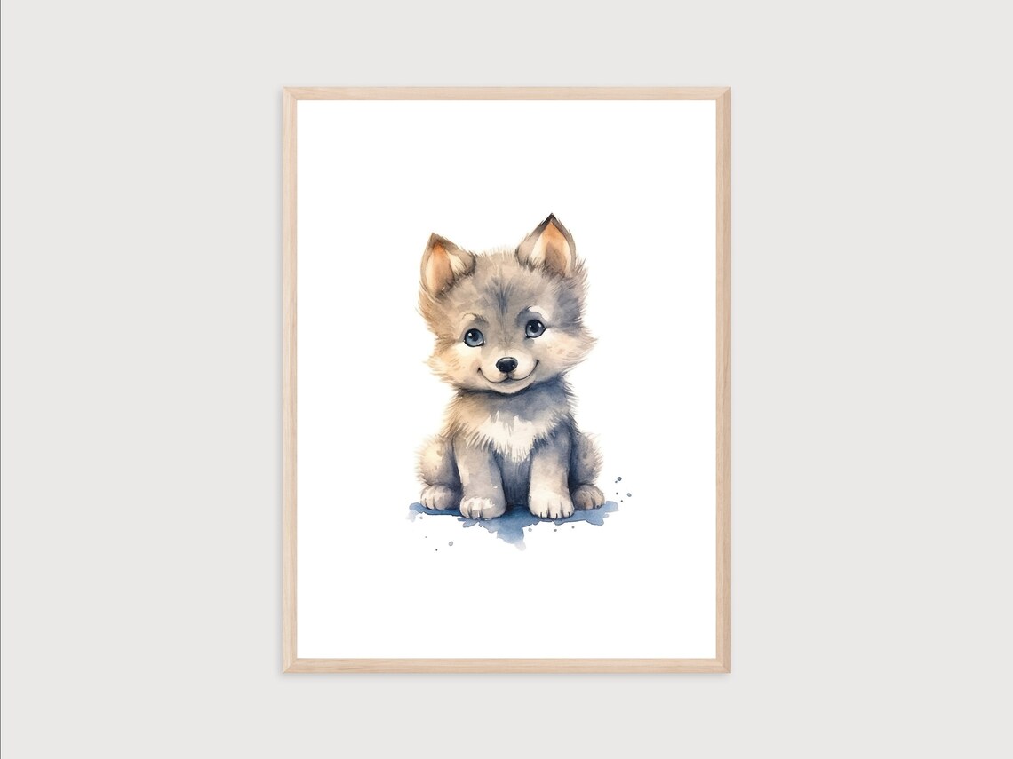 Baby Wolf Watercolor Nursery Wall Art Print