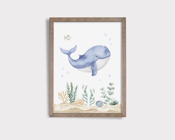 Cute Blue Whale Watercolor Under the Sea Nursery Wall Art for Kids Room