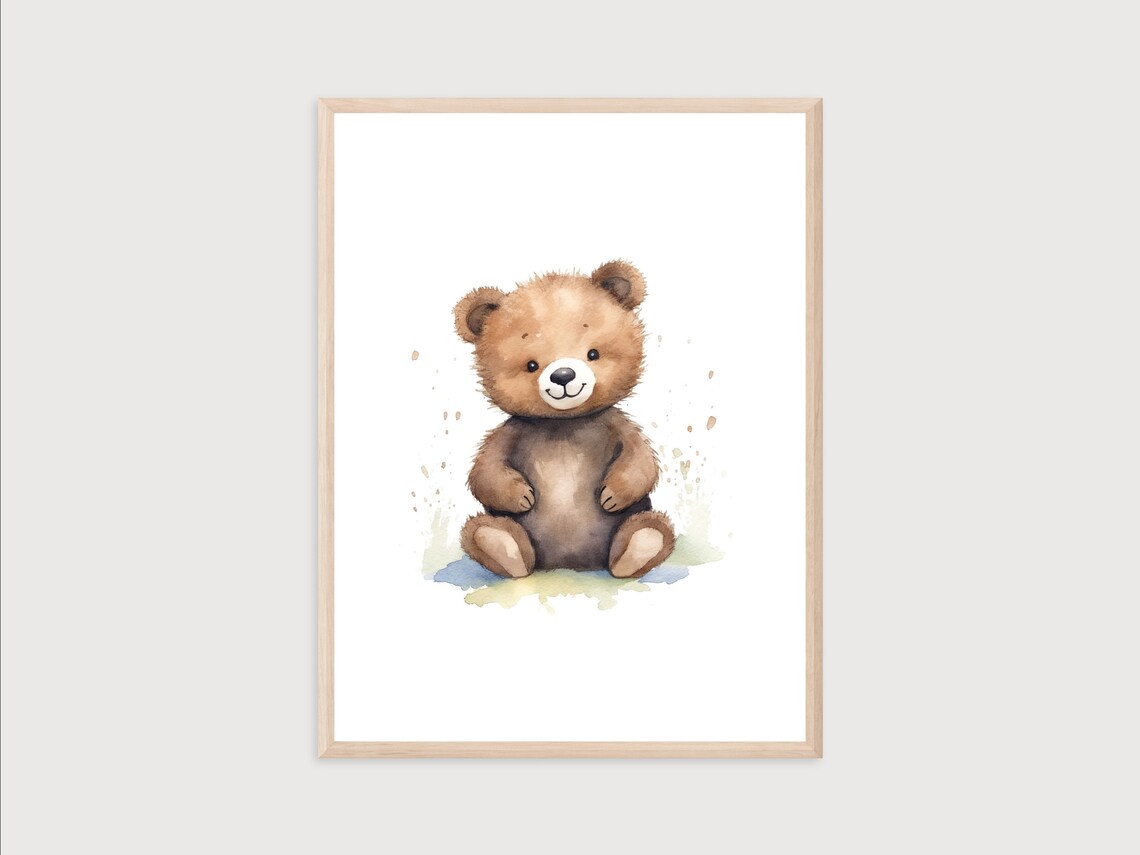 Sweet Cute Baby Bear Watercolor Woodland Nursery Decor Wall Print