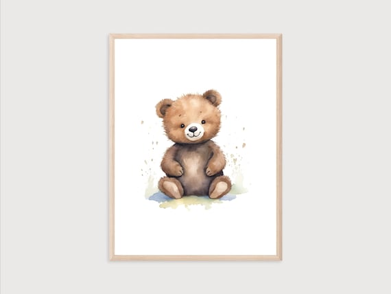 Sweet Cute Baby Bear Watercolor Woodland Nursery Decor Wall Print