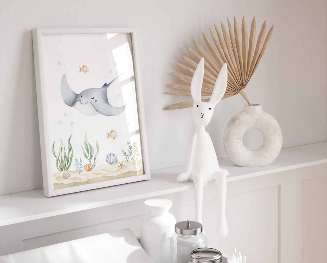 Cute Stingray Watercolor Poster, Ocean Nursery Wall Decor Art - Image 2