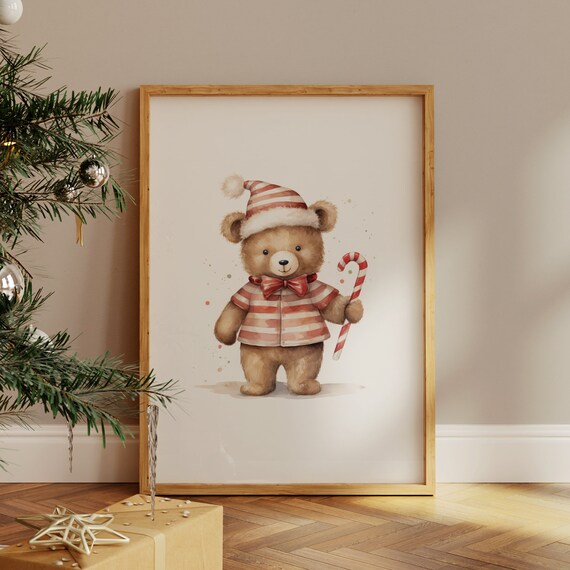 Teddy Bear In Striped Pajamas Holding Candy Cane Christmas Poster
