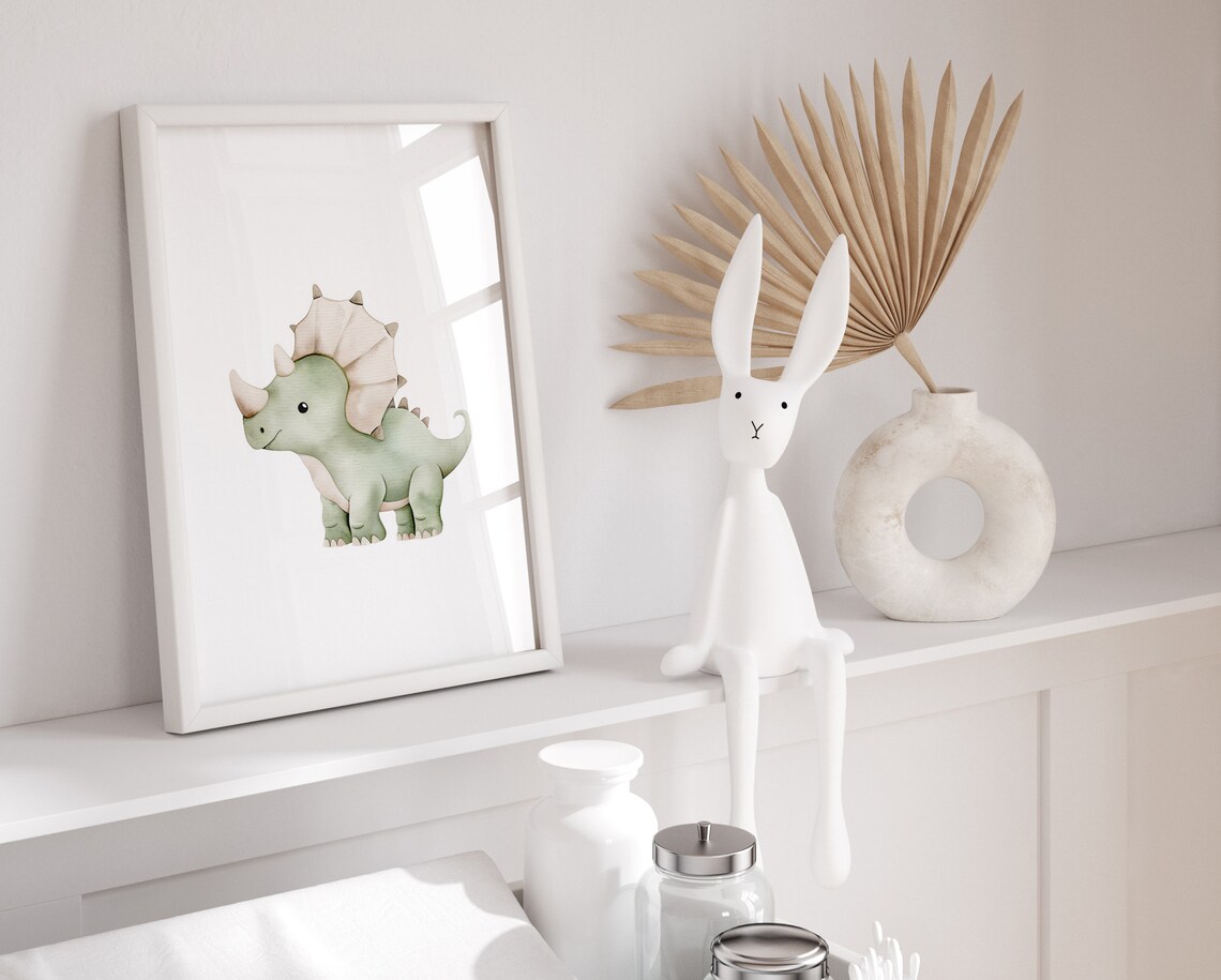Sweet Green Baby Triceratops Dinosaur Watercolor Nursery Poster - Image 2