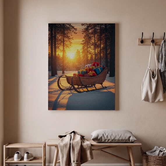 Christmas Sleigh Winter Forest Sunset Snowy Gifts Holiday Print
