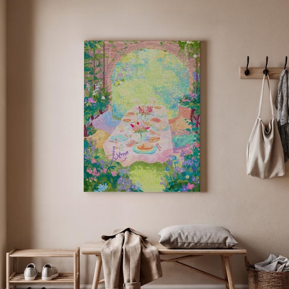 Garden Tea Party Canvas Art Floral Table Setting Print Spring Artwork Colorful Decor For Kitchen Or Dining Room