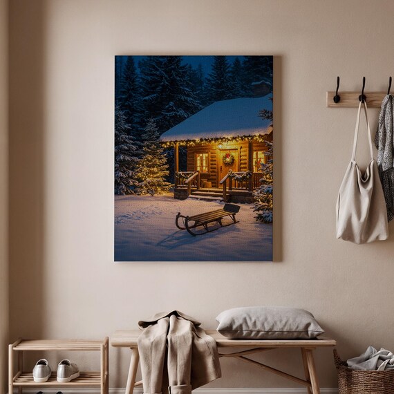 Cozy Warm Snowy Winter Cabin Glowing Lodge Holiday Night Poster