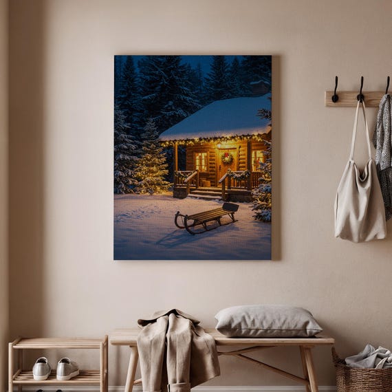 Cozy Winter Cabin Canvas Wall Art Snowy Holiday Lodge Print Festive Christmas Home Decor Warm Rustic Illustration