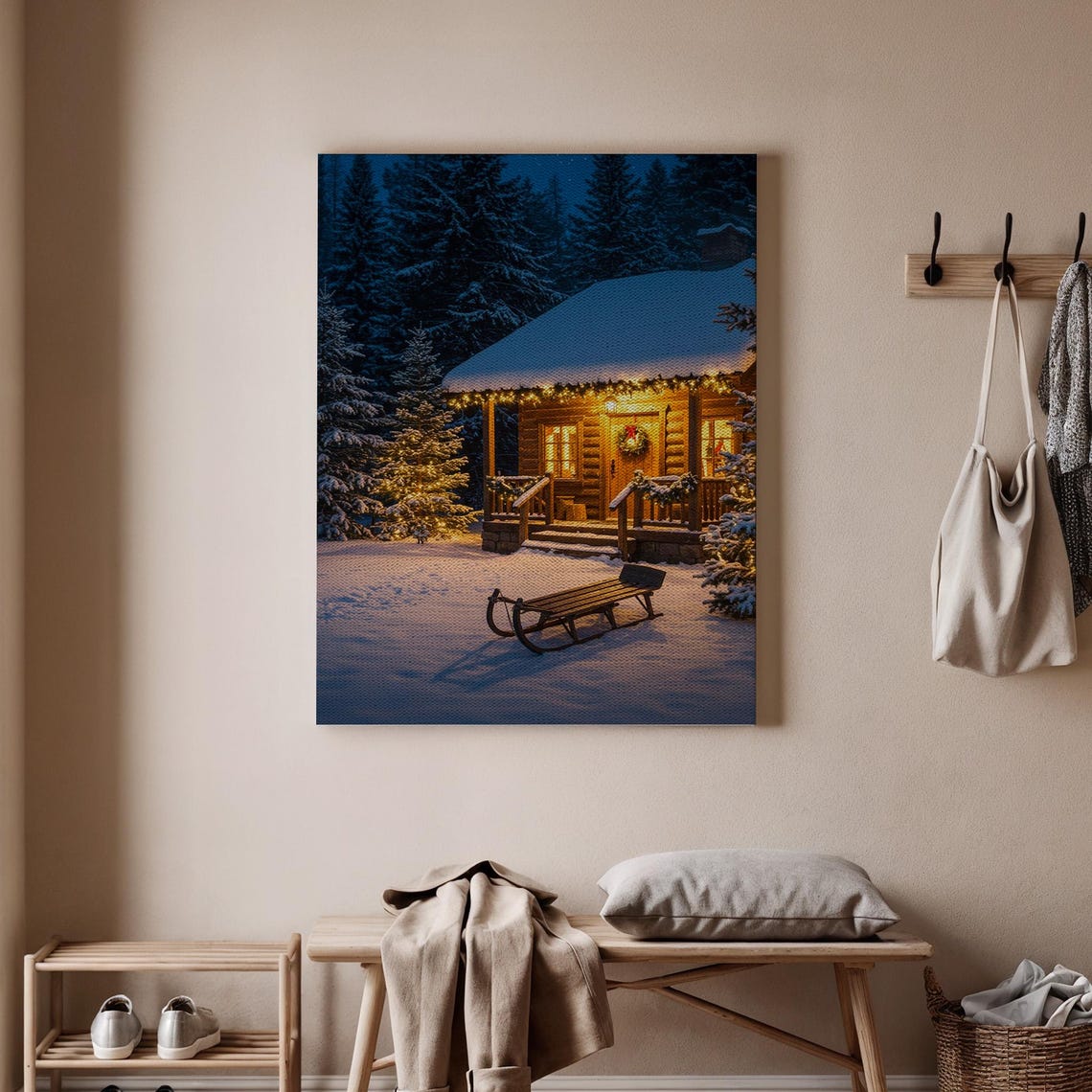 Cozy Warm Snowy Winter Cabin Glowing Lodge Holiday Night Poster