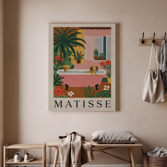Matisse Style Dog In Pink Bathtub Tropical Floral Decor Poster