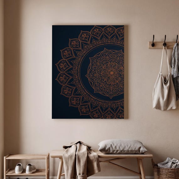Mandala Canvas Art Elegant Gold Line Print Intricate Boho Wall Decor Dark Blue Design Spiritual