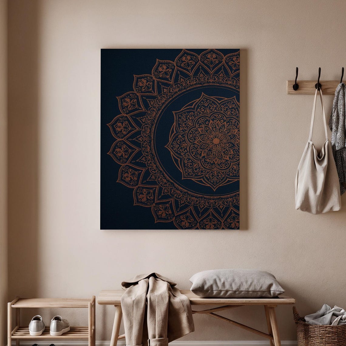 Mandala Canvas Art Elegant Gold Line Print Intricate Boho Wall Decor Dark Blue Design Spiritual