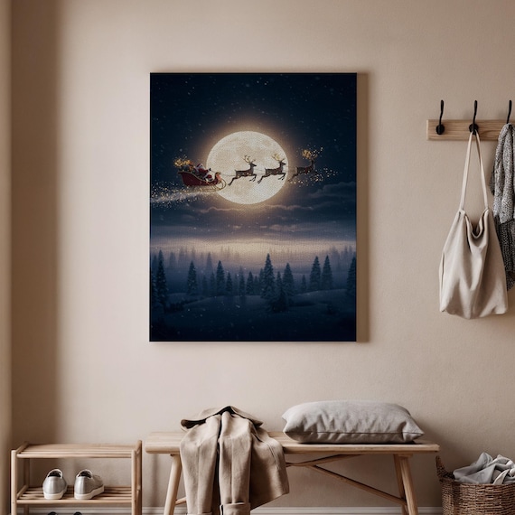 Santa Sleigh Reindeer Moonlight Magical Christmas Night Holiday Poster