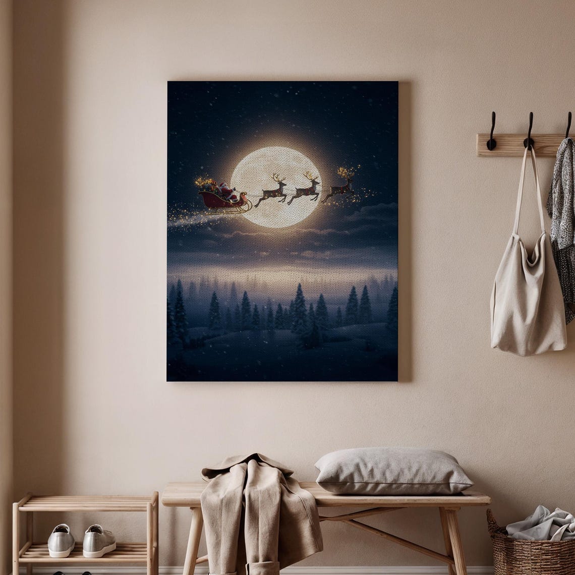 Santa Sleigh Reindeer Moonlight Magical Christmas Night Holiday Poster