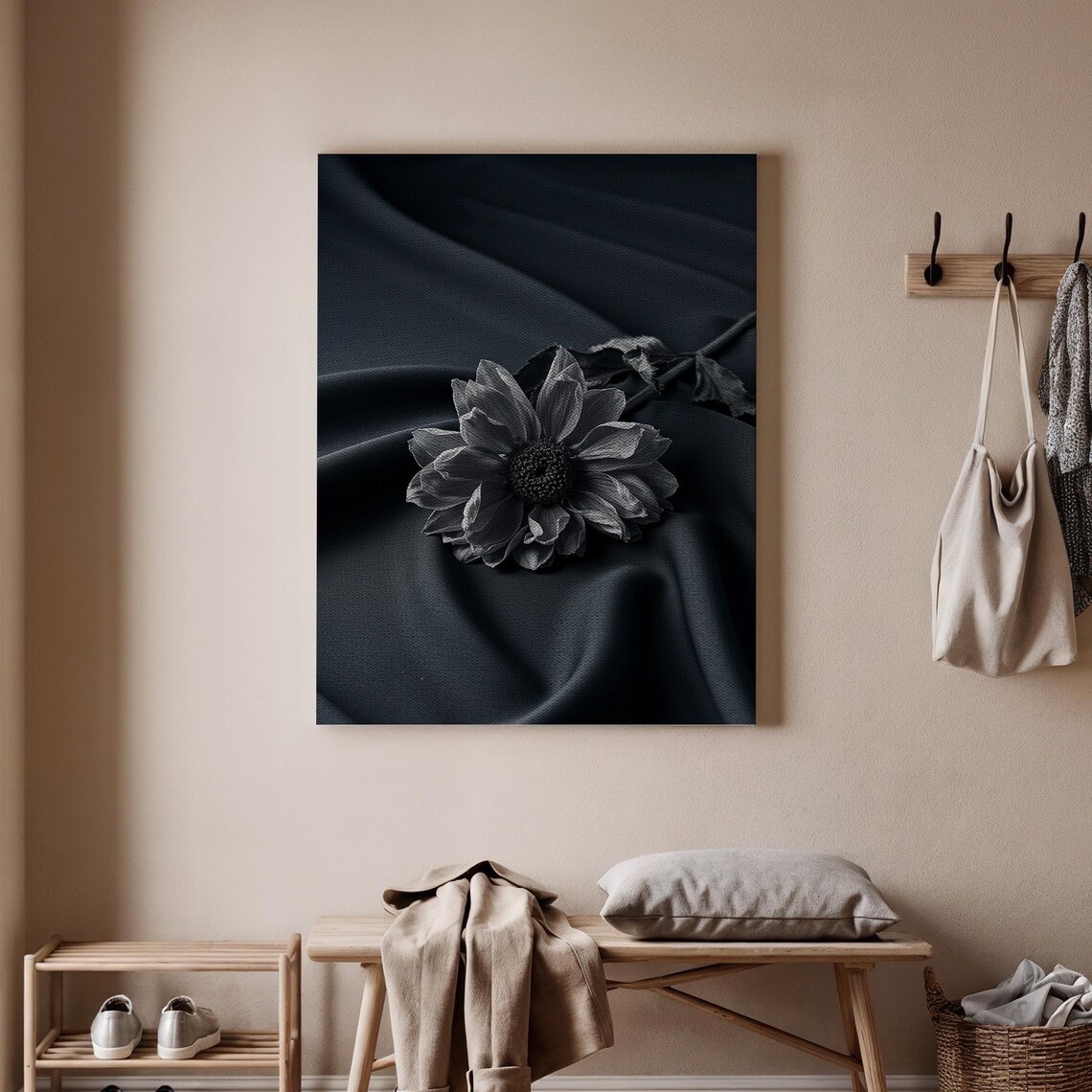 Black And White Dahlia Bloom Monochrome Floral Dark Satin Wall Art