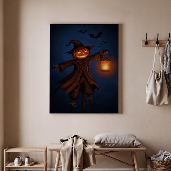 Pumpkin Scarecrow Halloween Canvas Wall Art Haunted With Lantern Spooky Autumn Decor For