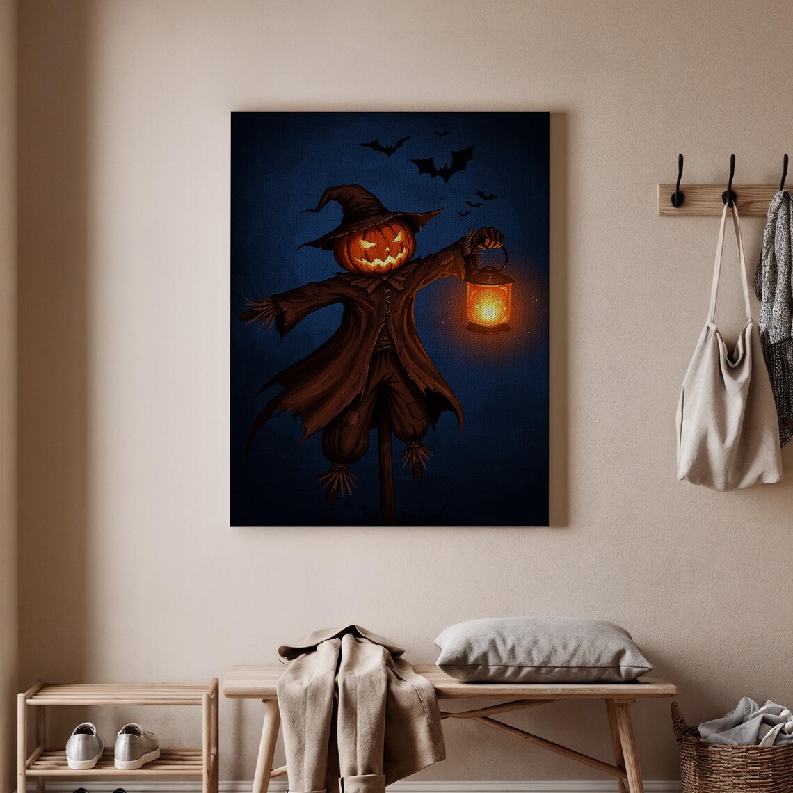 Pumpkin Scarecrow Halloween Canvas Wall Art Haunted With Lantern Spooky Autumn Decor For