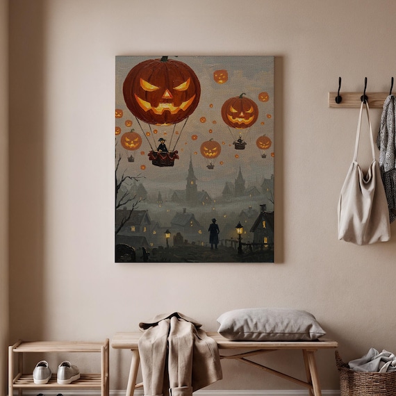 Pumpkin Balloon Halloween Canvas Art Floating Jackolanterns Over Village Spooky Autumn Sky Wall Decor Haunted Night Print
