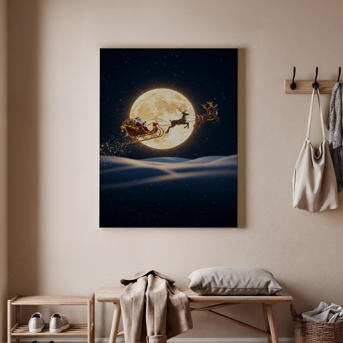 Santa Sleigh Reindeer Flying Across Full Moon Christmas Poster