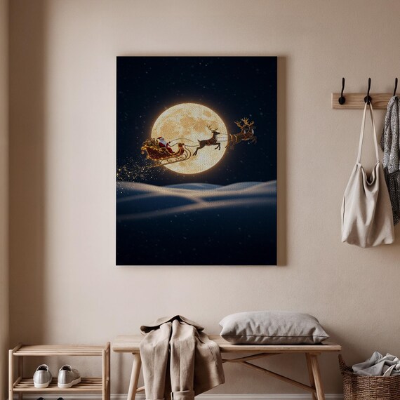 Santa Sleigh Reindeer Flying Across Full Moon Christmas Poster