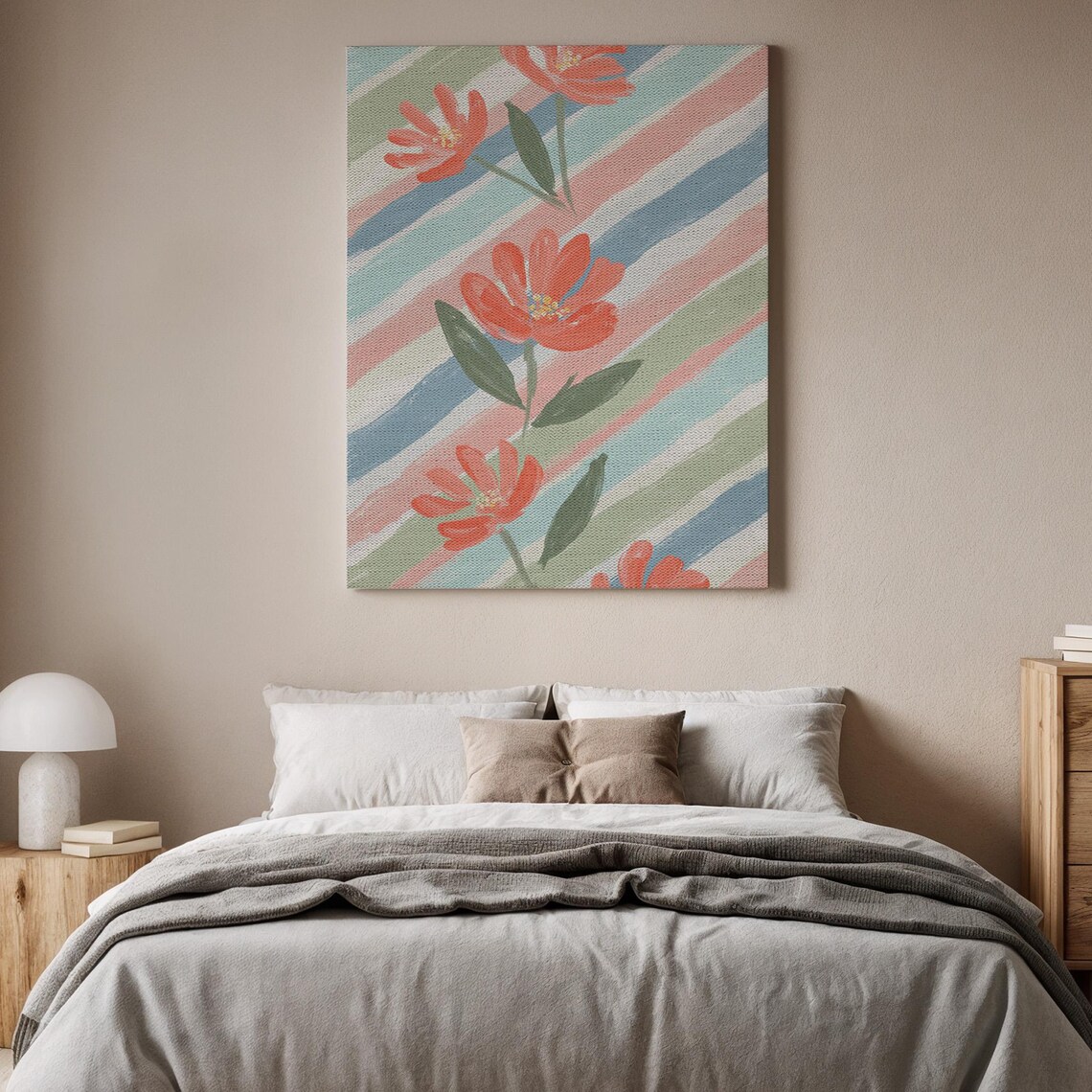 Modern Coral Floral Canvas Art Pastel Striped Flower Bright Wall Decor Poster