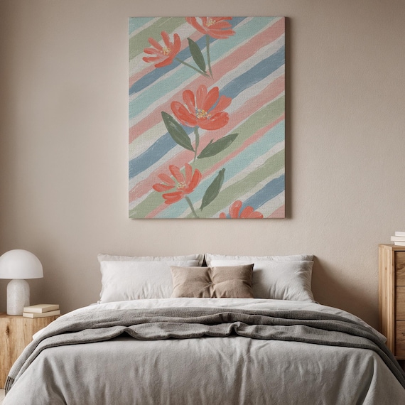 Modern Coral Floral Canvas Art Pastel Striped Flower Bright Wall Decor Poster