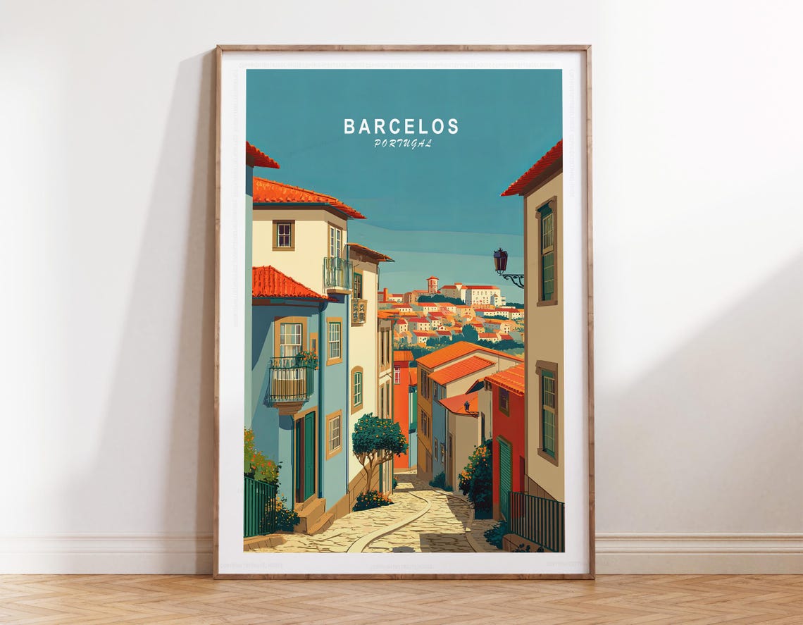 Barcelos Portugal Cobblestone Street Terracotta Rooftops Travel Poster