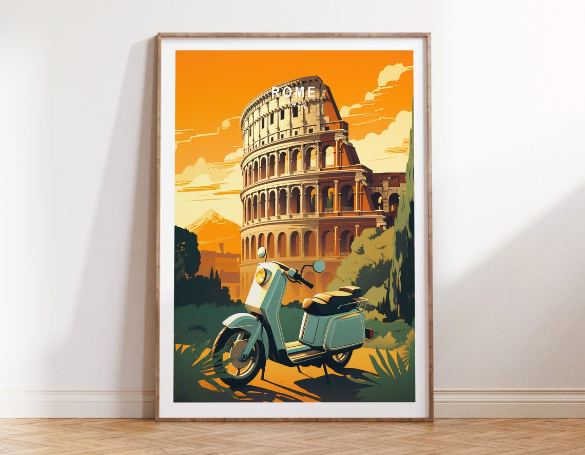 Rome Italy Colosseum Vintage Scooter Golden Sunset Travel Poster