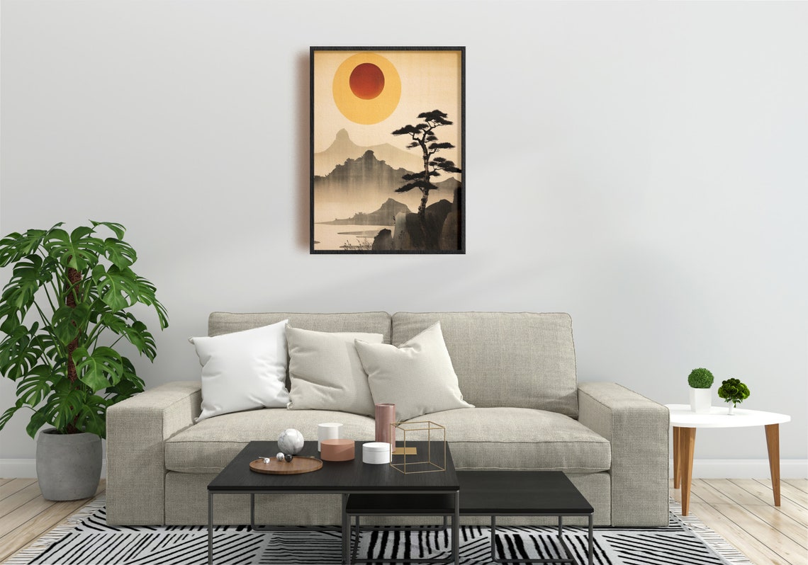 Japanese Sunrise over Mountains with Pine Tree Japandi Poster - Image 2