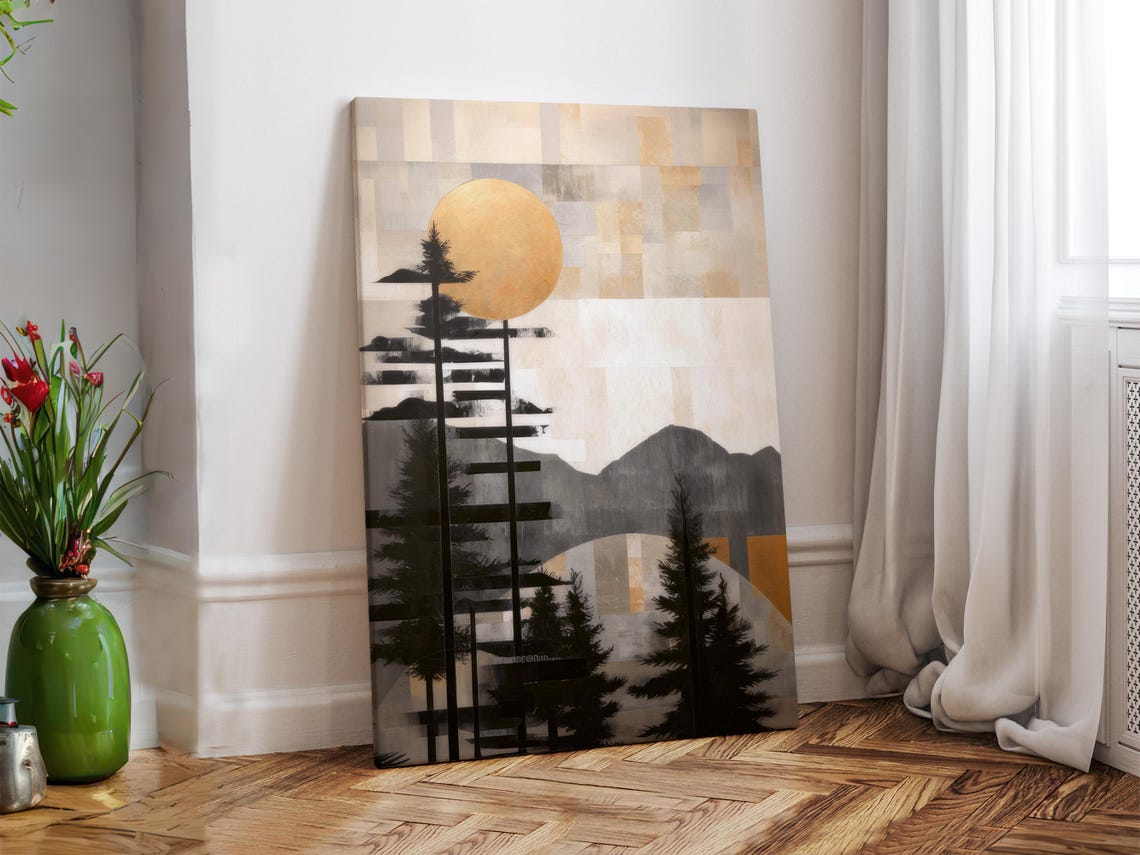 Golden Sun Pine Silhouettes Geometric Abstract Mountain Wall Art - Image 3