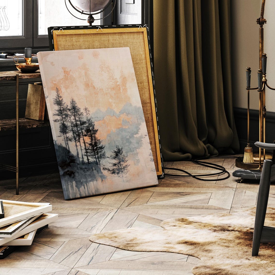 Misty Pine Trees Watercolor Nordic Nature Square Canvas Art Print - Image 2