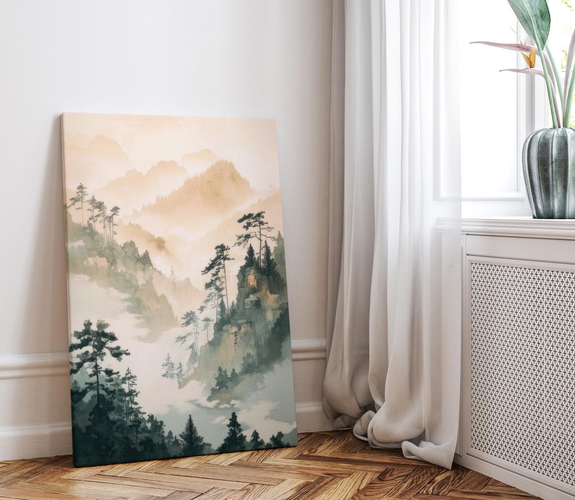 Misty Peach Mountains with Pines Watercolor Landscape Art Print