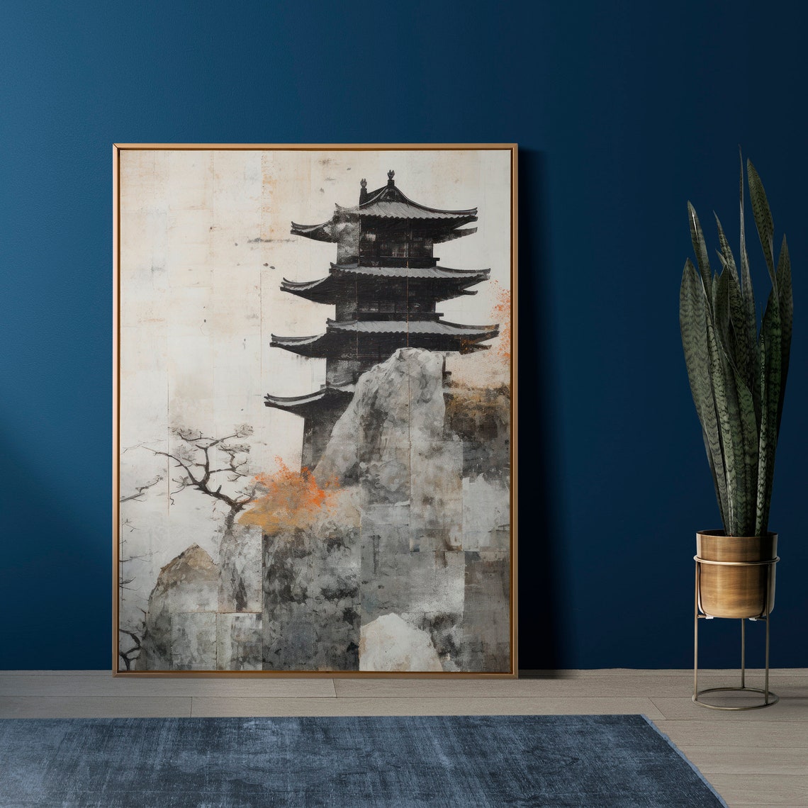 Ancient Japanese Gray Pagoda on Cliffside Sumi Ink Art Poster - Image 2
