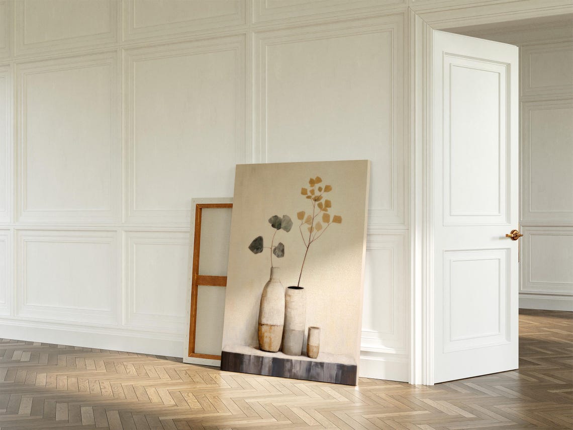 Three Ceramic Vases Minimalist Neutral Still Life Painting Art Print - Image 2