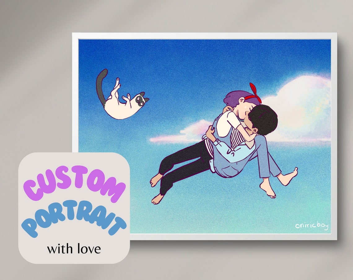 Dreamy Floating Sky Kiss Couple and Cat Anime Illustration Art Poster
