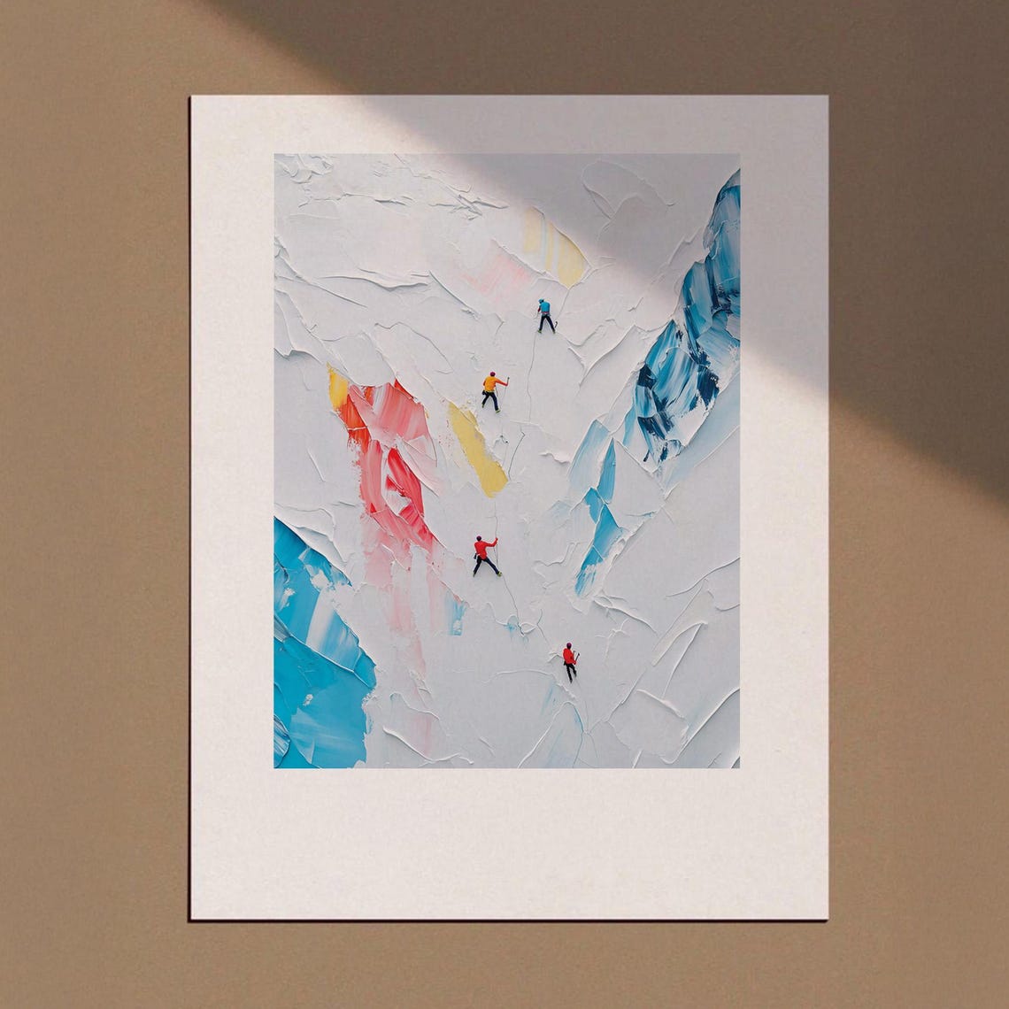 Tiny Climbers on Snowy Peak Colorful Impasto Abstract Poster Painting