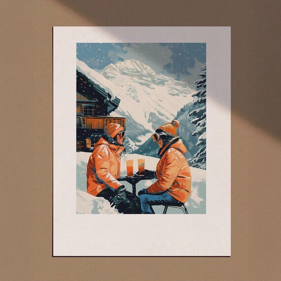 Apres Ski Couple Chalet Drinks Snowy Mountain Scene Art Poster