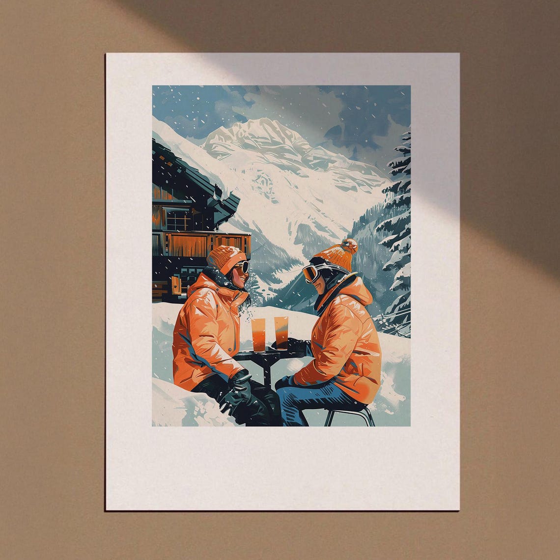 Apres Ski Couple Chalet Drinks Snowy Mountain Scene Art Poster
