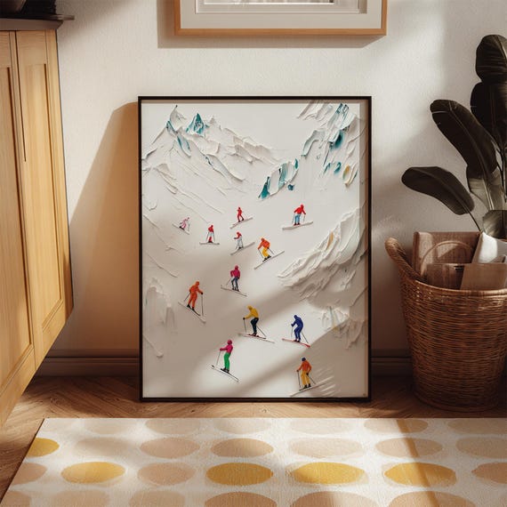 Tiny People Skiing In Snowy Mountains Winter Poster Acrylic Ski Print Minimalist Wall Art Abstract Landscape Painting