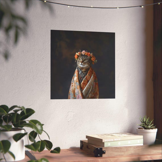 Maximalist Eclectic Tabby Fashionista Poster Print Bold Altered Animal Portrait Fantasy Fun Colorful Flowery Rustic Vintage Floral Art