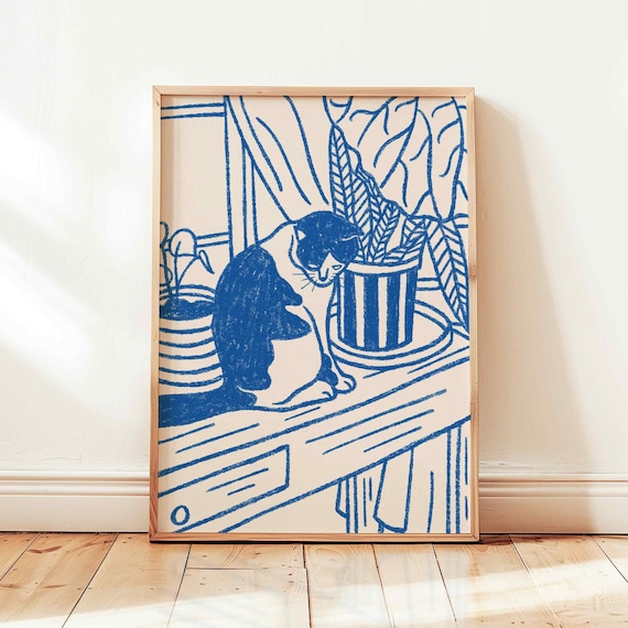 Retro Cat Line Art, Matisse-Inspired Art Print
